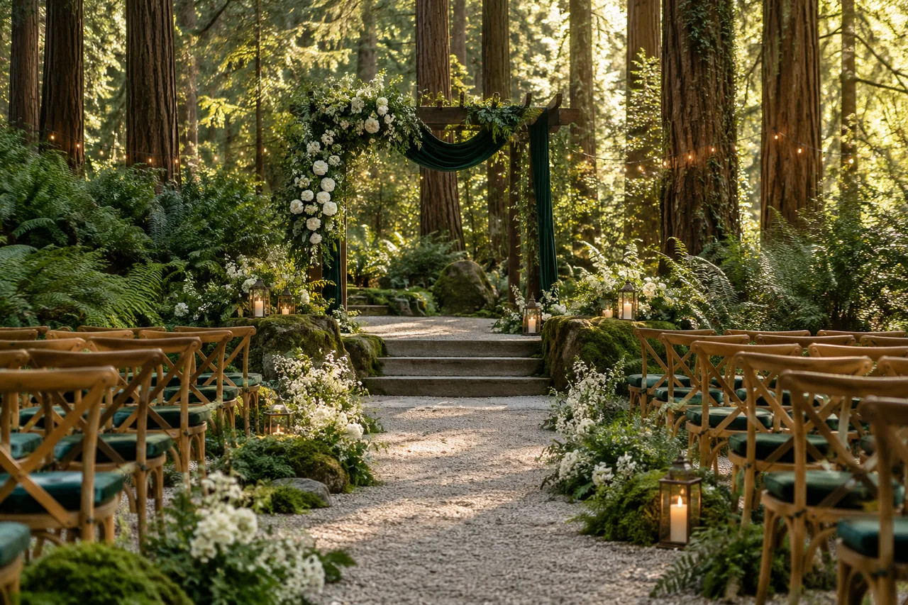 Inspiração de decoração para a cerimônia no estilo Bosque Encantado