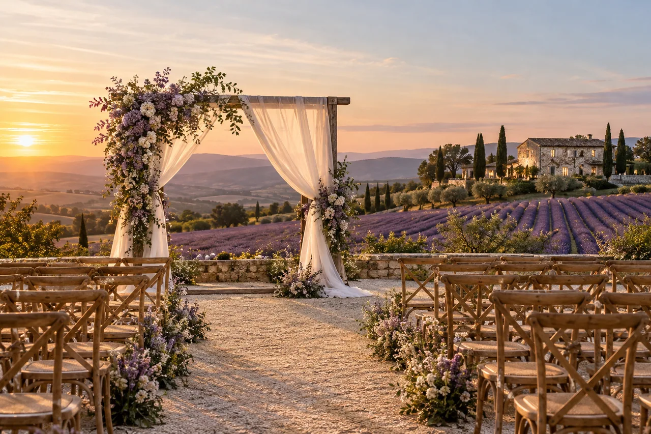 Inspiração de decoração para a cerimônia no estilo Lavanda