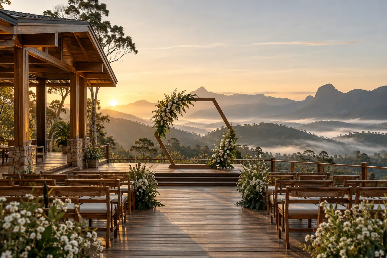Inspiração de decoração para a cerimônia no estilo Refúgio da Serra